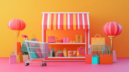 Vibrant shopping scene featuring a cart and a trendy store display. Bright lanterns and colorful bags create a cheerful atmosphere perfect for retail.の素材