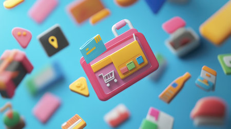 Vibrant 3D icons illustrating a shopping experience, featuring elements like carts and payment symbols. Suitable for marketing and digital commerce themes.の素材