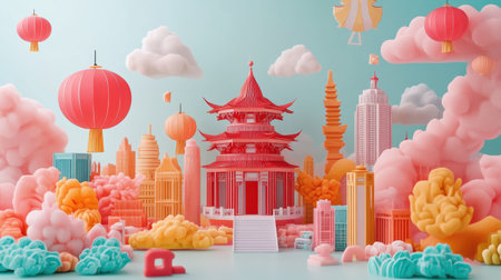 This vibrant digital artwork showcases a colorful fantasy landscape featuring a pagoda amidst whimsical clouds and a lively city skyline, perfect for creative projects.の素材