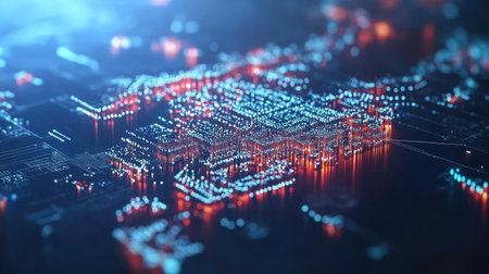 Captivating abstract image of a digital circuit design showcasing glowing blue and red elements. Perfect for technology and data-related projects.の素材