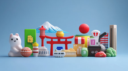 A vibrant collection of toys representing Japanese culture, featuring Mount Fuji, a torii gate, and various playful elements. Perfect for creative projects.の素材