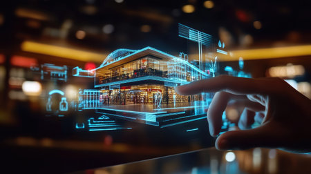 A hand reaches out to an interactive holographic display of a modern shopping center, illustrating the integration of technology and retail in urban settings.の素材