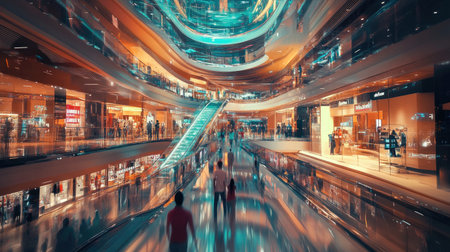 A vibrant modern shopping mall interior featuring stylish design elements, bright lights, and bustling shoppers, creating a lively ambience of retail activity.の素材