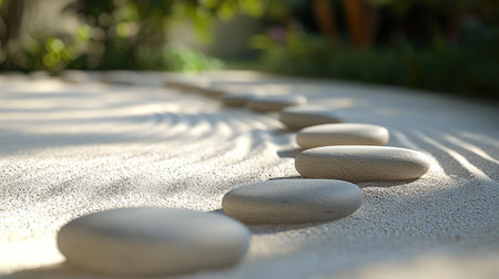 A tranquil zen garden featuring smooth stones placed on meticulously raked sand, creating a serene atmosphere perfect for relaxation and meditation.の素材