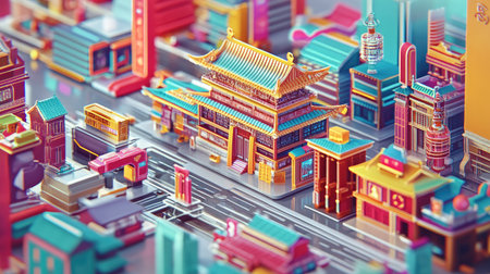 Explore a vibrant 3D cityscape featuring a mix of traditional and modern architectural styles. This colorful urban scene showcases intricate details and imaginative design.の素材