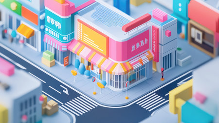 A vibrant miniature cityscape featuring colorful shops and lively sidewalks, designed to evoke a playful and creative atmosphere for artistic projects.の素材