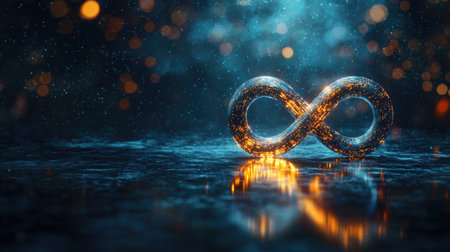 A stunning infinity symbol with a glowing effect rests on a reflective surface. Surrounded by magical bokeh lights, this image evokes feelings of eternity and beauty.の素材