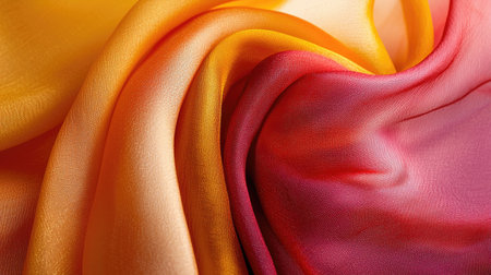 Close-up view of vibrant silk fabric showcasing beautiful flowing textures in shades of orange and pink, perfect for fashion, design, or decor projects.の素材