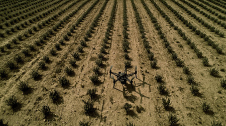 A high-angle view showcases a drone monitoring a lavender field. This image illustrates modern agricultural practices, highlighting technology in farming.の素材