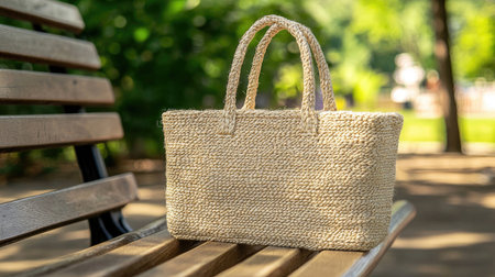 A beautifully woven natural tote bag rests on a park bench, showcasing intricate texture against a vibrant green backdrop. Ideal for summer outings.の素材