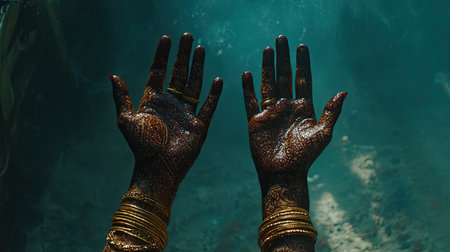 Captivating image of hands adorned with detailed henna designs and gold bangles, set against an enchanting underwater backdrop, capturing tradition and beauty.の素材