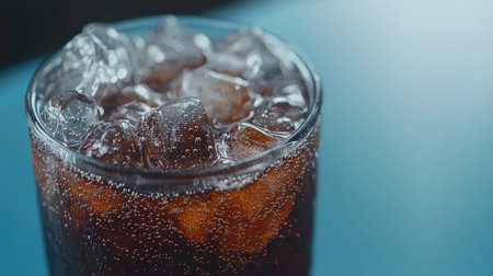 A closeup image of a refreshing carbonated beverage filled with ice cubes. The dark liquid bubbles with effervescence in a clear glass, perfect for summer enjoyment.の素材