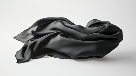This image showcases an elegant black silk fabric flowing softly against a white background, highlighting its smooth texture and luxurious sheen.の素材