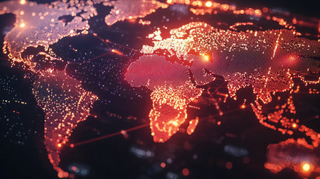 This abstract visualization features a world map adorned with glowing lights on a dark background, perfect for showcasing global connections and technology trends.の素材