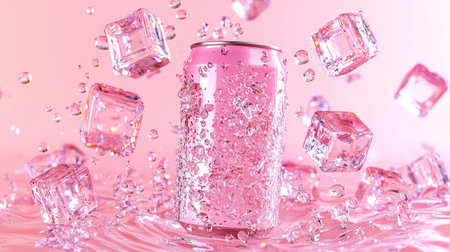 A visually captivating scene featuring a pink sparkling beverage can surrounded by ice cubes and water splashes. Perfect for concepts of refreshment and summer enjoyment.の素材