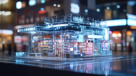 A mesmerizing futuristic convenience store illuminated by neon lights in an urban environment showcases innovative design elements and a vibrant shopping experience.の素材