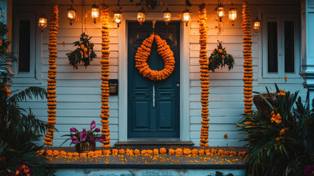 A beautiful entrance decorated with bright marigold flowers and glowing lanterns, creating a warm, inviting atmosphere for celebrations and festivities.の素材