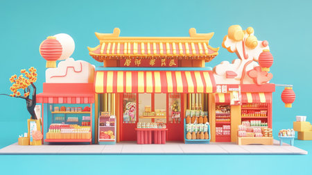 A vibrant Asian market stall filled with colorful goods and decorations. The scene features traditional lanterns, fresh produce, and an inviting atmosphere.の素材