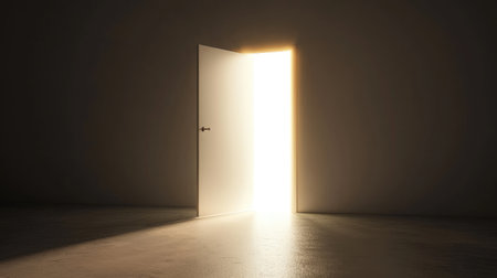 An open door reveals a bright light in a dark space, symbolizing hope and opportunity. The contrast creates a sense of mystery and invites exploration.の素材