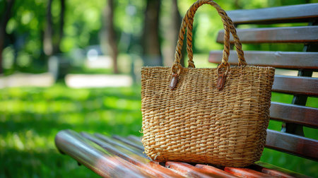 A beautifully woven straw handbag rests on a sunny park bench, surrounded by lush greenery. This image captures the essence of summer relaxation and nature.の素材