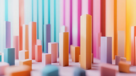 Bright abstract cityscape featuring geometric shapes in various vibrant colors, suitable for business or artistic projects, showcasing creativity and modern design.の素材