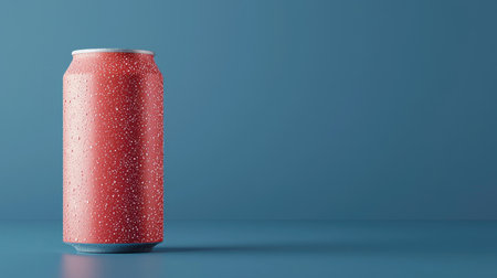 A vibrant red drink can with condensation sits on a smooth blue surface, creating a refreshing visual perfect for advertising beverages or summer promotions.の素材