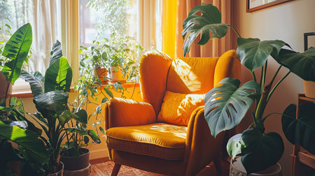 A vibrant yellow armchair nestled among lush green plants, bathed in warm sunlight, creates a cozy and inviting atmosphere ideal for relaxation.の素材