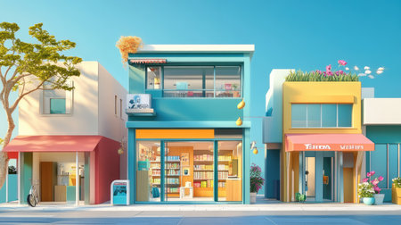 A lively urban street scene featuring colorful shops and vibrant storefronts. The inviting atmosphere is enhanced by greenery and bright decor, perfect for leisure browsing.の素材