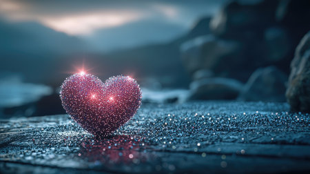 A sparkling heart decoration rests on a shoreline at dusk, surrounded by pebbles and shimmering water. The scene evokes emotions of love and tranquility.の素材