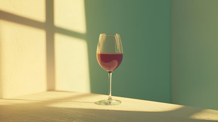 A stunning shot of a wine glass filled with rich red wine, showcasing soft natural light and delicate shadows for a warm, inviting atmosphere.の素材