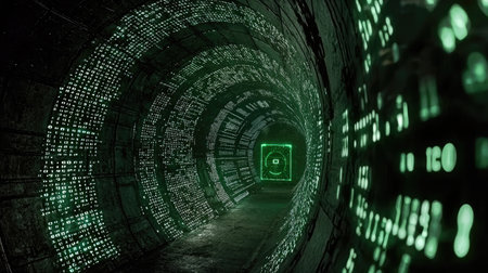 Explore a mesmerizing digital tunnel illuminated by glowing green code, creating an immersive experience in a dark, futuristic environment, inviting intrigue and wonder.の素材
