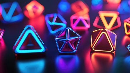 Explore a captivating arrangement of geometric shapes illuminated by vibrant neon lights. A modern and artistic composition that sparks creativity and imagination.の素材