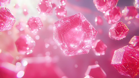 Abstract pink crystal structures float against a vibrant background, reflecting light and creating a dreamy atmosphere. Perfect for modern design projects.の素材