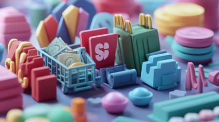 Vibrant and imaginative arrangement of toy food and shopping elements, perfect for playful themes, childrenの素材