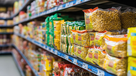 Vibrant display of assorted snack food packages on a grocery store shelf. Aisle showcases various packaged products, offering a colorful selection for shoppers.の素材