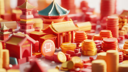 This vibrant image showcases traditional Chinese architecture surrounded by gold coins and festive red decor, symbolizing wealth and prosperity in a miniature setting.の素材