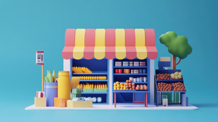 Charming 3D illustration of a vibrant neighborhood market stall filled with fresh produce. A colorful storefront invites customers to explore diverse groceries.の素材