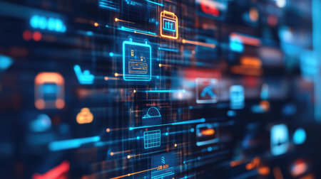 This abstract digital background features glowing icons and lines, perfect for illustrating modern technology concepts, data analysis, and futuristic interfaces.の素材