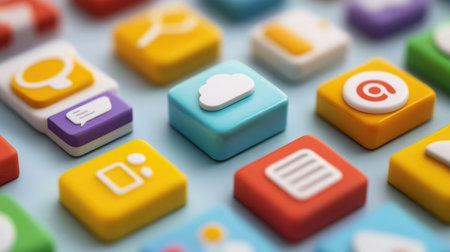 A vibrant arrangement of colorful social media icons showcasing modern smartphone applications. Ideal for illustrating digital communication and technology concepts.の素材