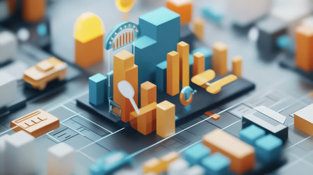 This colorful abstract illustration features geometric shapes and digital elements, creating a modern and vibrant background suitable for various creative projects.の素材