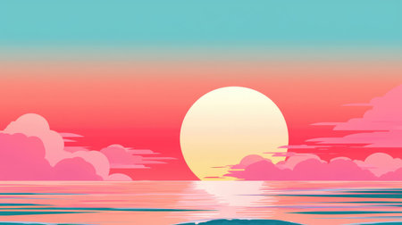 A visually stunning illustration featuring a serene sunset over a tranquil ocean, showcasing soft colors and reflecting clouds, perfect for evoking calm and contemplation.の素材