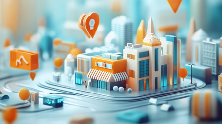 This vibrant 3D cityscape features colorful buildings and digital icons, creating a playful and modern urban landscape. Perfect for design and technology themes.の素材