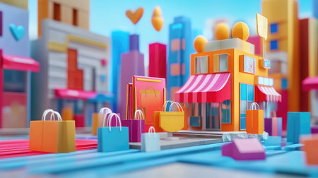 A vibrant 3D paper cutout scene featuring colorful shops and shopping bags. This whimsical town captures the essence of playfulness and creativity in a retail setting.の素材