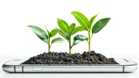 A creative depiction of plant growth emerging from a smartphone, illustrating the connection between technology and nature, showcasing innovation and sustainability.の素材