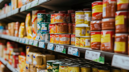 A vibrant display of various canned goods on a grocery store shelf showcases the diversity of food options available to consumers.の素材