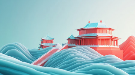 This vibrant image showcases traditional architecture set against a flowing abstract landscape, creating a serene and colorful ambiance that captivates the viewer.の素材