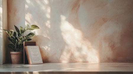 A serene interior space showcasing a green plant in a pot, soft shadows from natural light, and an elegant display on a simple wooden surface for a calming atmosphere.の素材