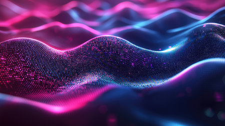 This vibrant image features colorful abstract waves illuminated with neon particles, creating a mesmerizing and dynamic digital texture, ideal for modern designs.の素材
