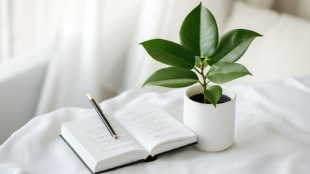 A serene indoor scene featuring a green plant next to an open book and a pen, creating a calm and inviting workspace, perfect for reading and relaxation.の素材