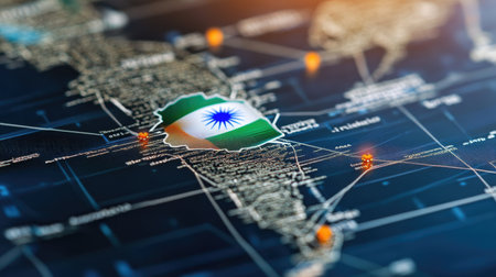 Detailed map of India showcasing the national flag, highlighting major cities and transportation routes, emphasizing travel connections and urban culture.の素材